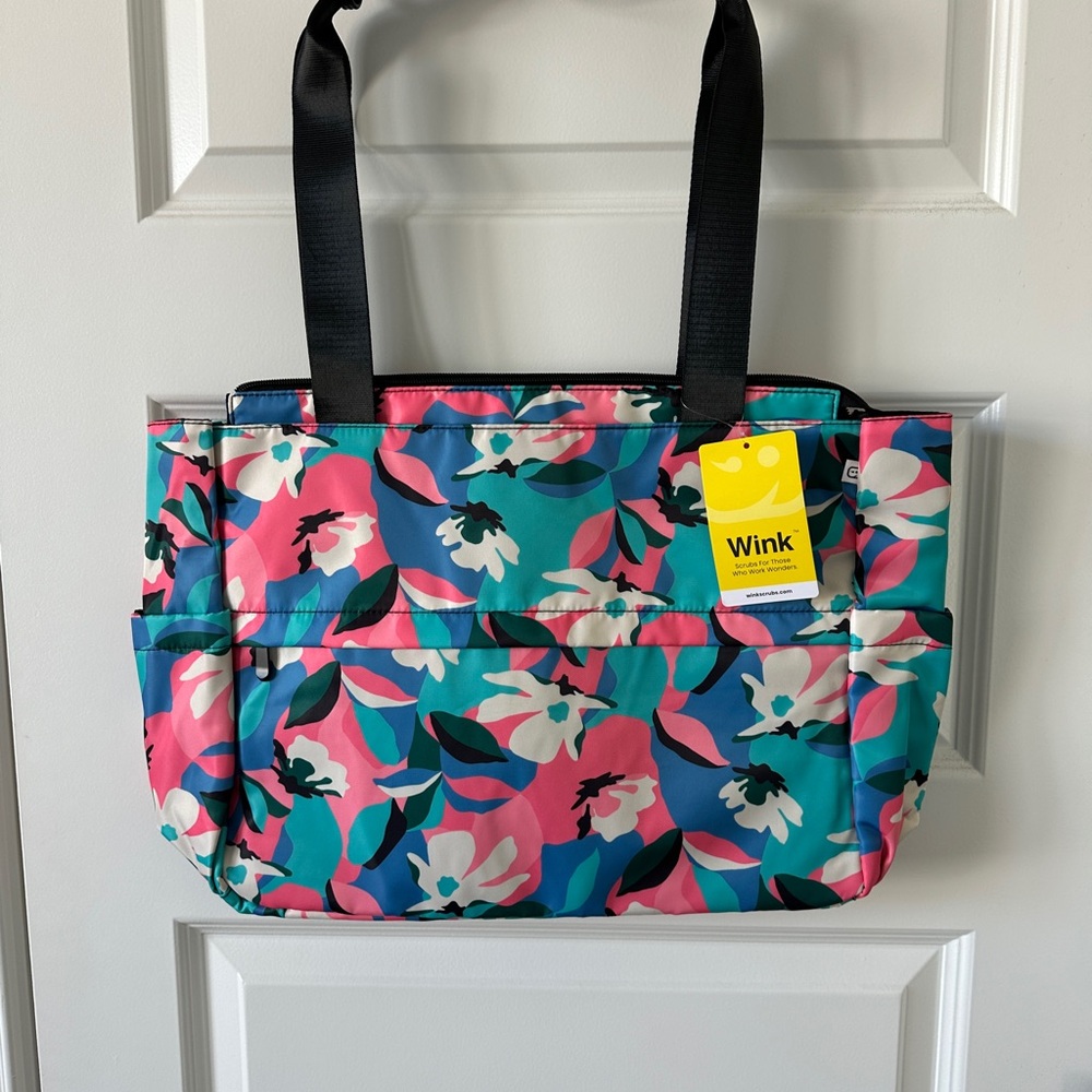 WonderWink Floral Tote in Teal, Pink, Blue & Black